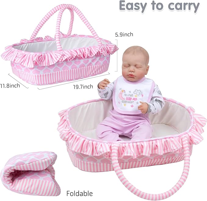 12 Pcs Reborn Baby Doll Clothes Accessories with Bassinet for 17-22 inch Newborn Babydolls Girl Reborn Dolls Accessories Pink Outfit Gift Set