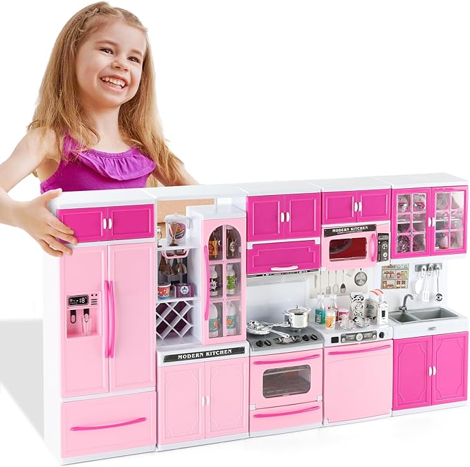 SOCBTNSO 64 PCS Pink Kitchen Toys with Lights Sounds|Mini Kitchen House Furniture Sets for Kids Ages 4-8|Doll Playset Toys for Toddlers 3-5|Birthday Gifts for 3 4 5 6 7 8 Old Girls
