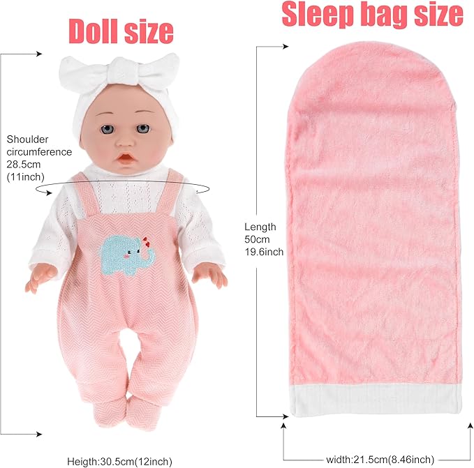 dollbie 12 inch Baby Doll - Adorable Doll and Accessories Including Romper, Sleeping Bag, Feeding Accessories, Rabbit Plush Toy