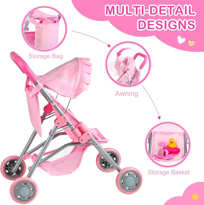 GAGAKU Baby Doll Stroller for Toddlers, Foldable Toy Stroller with Storage Basket and Bag, Diapers - Reborn Doll Accessories for Girls & Kids Ages 3+, Pink