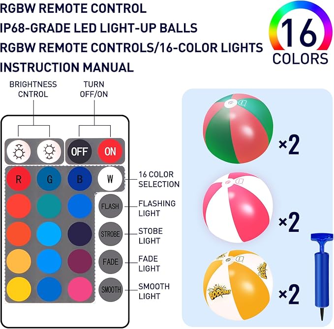 MIAOKE Funny and Playful Pool Toys 16 Inch 6 Pack- 16 Lighting and 4 Modes LED Beach Ball with Remote Control,Suitable for Pool Game Summer Pool Party,Outdoor Family Games (Red Green Orange Each 2 Pc)