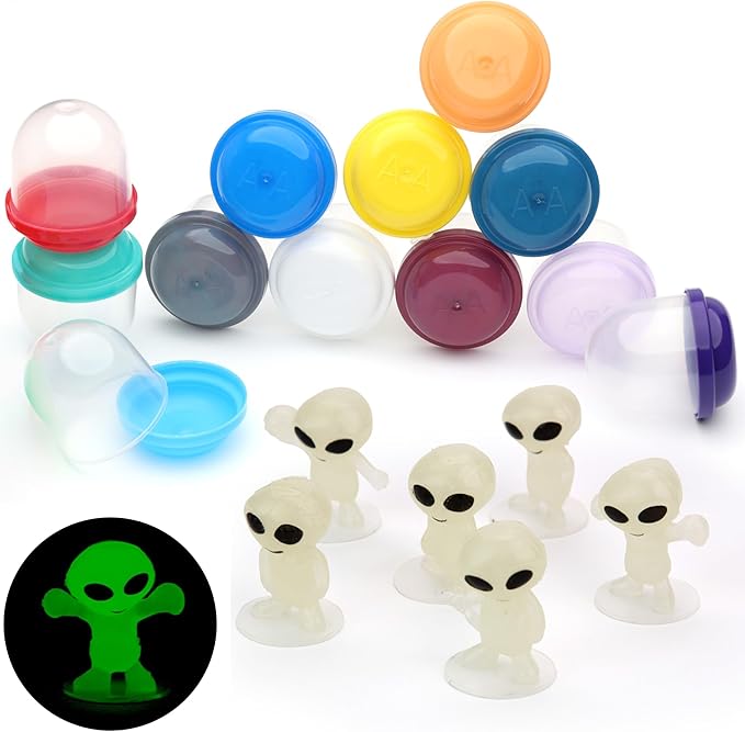 Entervending Alien Toys in Capsules - 100 Pcs of 1.1 Inch Plastic Capsules & 1 Inch Glow in the Dark Alien Figurines for Kids - Party Favors - Classroom Prizes - Toys Bulk for Vending Machine Refill
