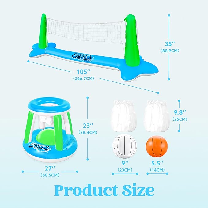 JOYIN Inflatable Volleyball Net & Basketball Hoops Pool Float Set; Balls Included for Kids and Adults, Summer Pool Game, Floaties, Volleyball Court (105”x28”x38”) Basketball (27.6”x23”),Green,Blue
