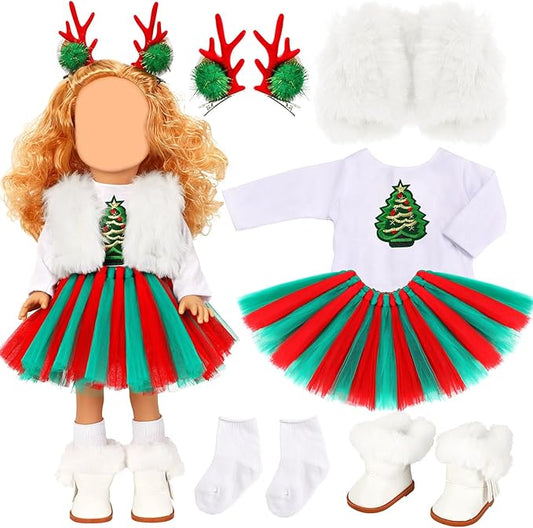 UPINS Christmas 18 Inches Doll Clothes and Accessories Winter Doll Outfits Set Christmas Deer Costume Includes Tutu Dress Vest T-Shirt Shoes Hairpin Socks for 18 Inch Doll Girls Gifts
