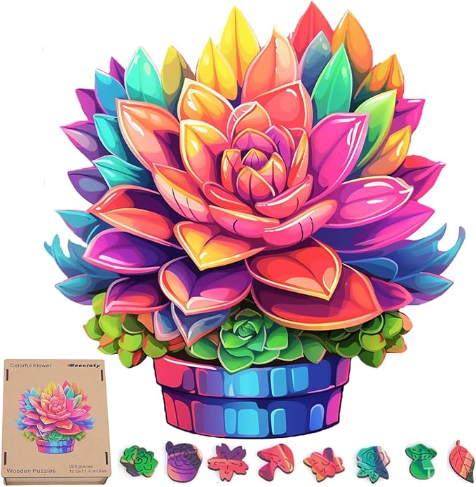 Reouinty Mother's Day Wooden Puzzles for Adults, Colorful Flower Pot Jigsaw Puzzle, Unique Plant Shaped Puzzle Pieces, Wood Puzzle with Beautiful Package, Best Gift for Family Game 11.2x11.2 in