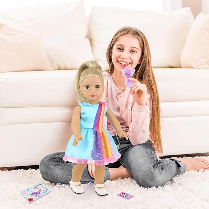 ECORELF 18 Inch Amercian Doll Clothes, 2 Set Girl Doll Clothes and Accessories for 18 Inch Dolls 7 Pcs Include Dress, Hair Clip , Phone, Shoes, Sticker, Top and Mini Skirt