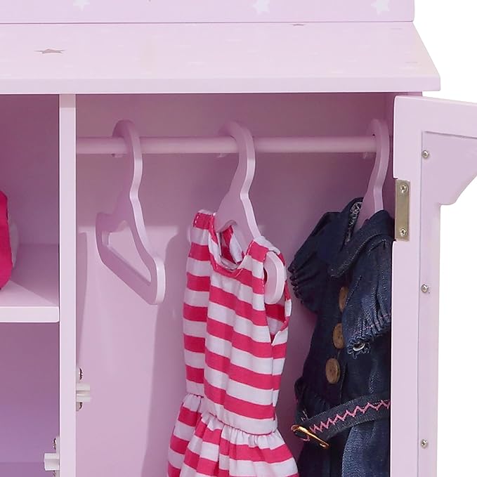 Olivia's Little World Twinkle Stars 18" Doll Closet with 3 Hangers, Shelves, & Canvas Bin, Doll Closet Storage for Accessories & Clothes, Purple