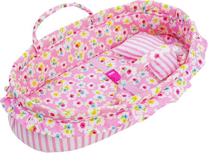 June Garden Cozy Dream Doll Bassinet - Baby Doll Portable Carrier - Fits for American Girl Dolls up to 18" - Soft Pillow & Safety Buckle Included