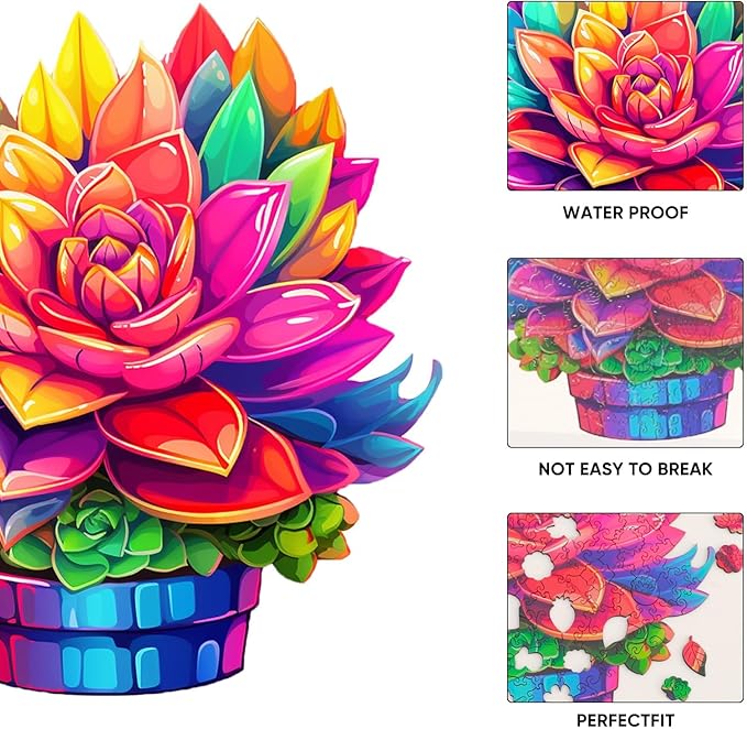 Reouinty Mother's Day Wooden Puzzles for Adults, Colorful Flower Pot Jigsaw Puzzle, Unique Plant Shaped Puzzle Pieces, Wood Puzzle with Beautiful Package, Best Gift for Family Game 11.2x11.2 in