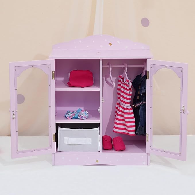 Olivia's Little World Twinkle Stars 18" Doll Closet with 3 Hangers, Shelves, & Canvas Bin, Doll Closet Storage for Accessories & Clothes, Purple