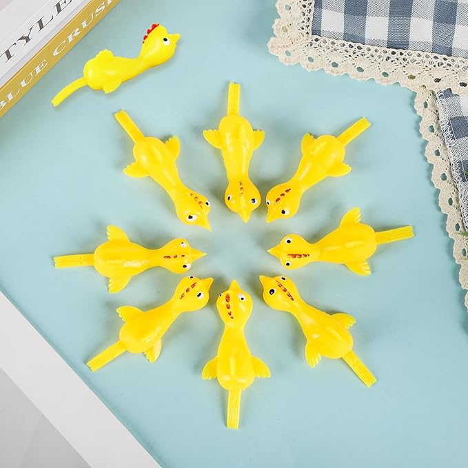 40 Pcs Flying Chicken Slingshot Party Favors for Kids Adults, Bulk Gag Goodie Bags Stuffers for Kids, Rubber Chickens Sling Shot, Funny Gag Gifts for Prankster, Carnival Prizes, Prank, Rave