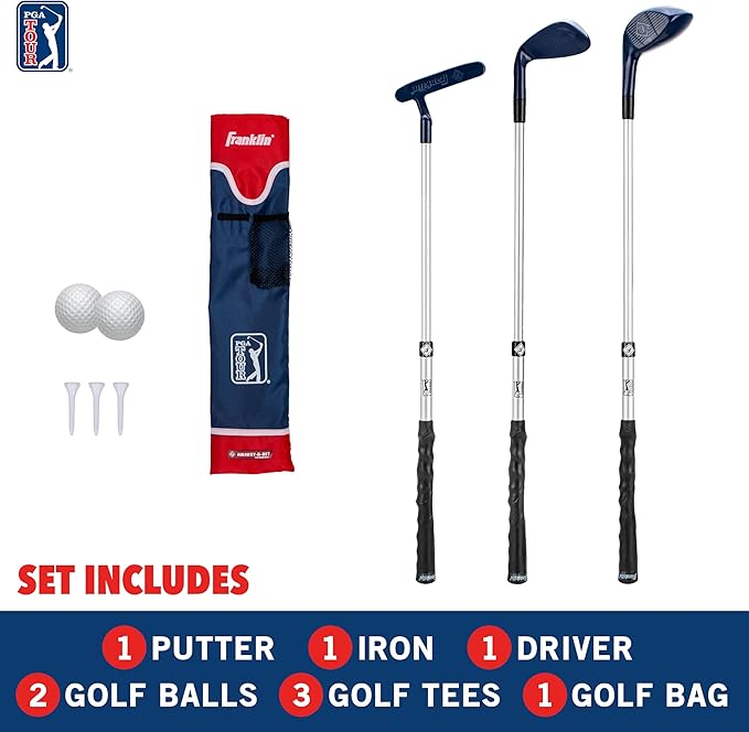 Franklin Sports PGA Tour Kids' Plastic Golf Clubs Set - Youth Toy Plastic Clubs + Bag - Kids' Golf Set with Bag + Balls - Adjustable Length for Boys + Girls - Red + Blue