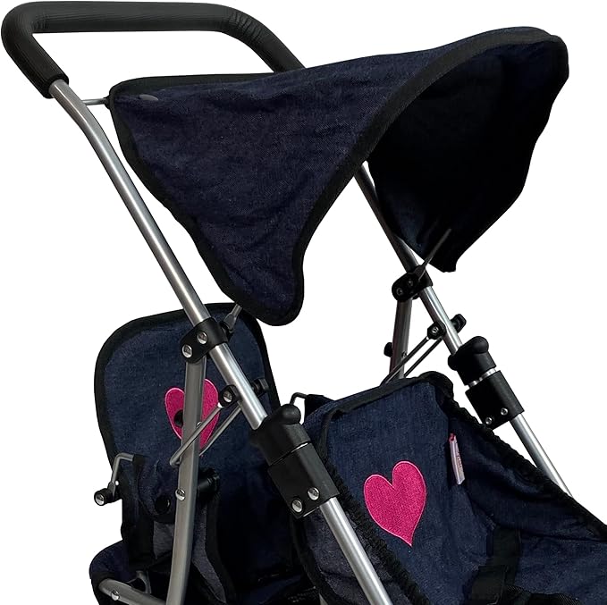 The New York Doll Collection First Twin Stroller - Cutest Heart Design Baby Strollers Great Toy Gift for Toddlers and Girls (Denim) Blue,pink
