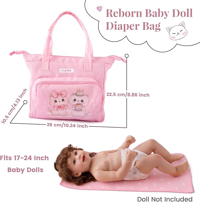 BABESIDE 5 Pcs Baby Doll Diaper Bag Set, Cute Cat Patterns Baby Doll Accessories with Pink Dolls Diaper Bag Changing Pad and Dolls Towel, Pretend Play Toys for Girls
