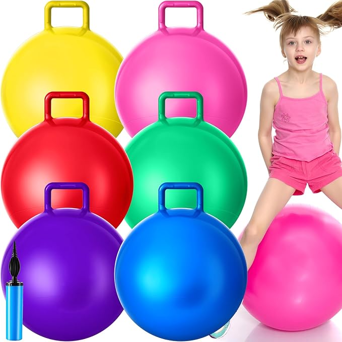 Lewtemi 6 Pcs Hopper Ball for Kids 22 Inch Jumping Hopping Inflatable Bouncing Ball with Handle and Air Pump for Outdoor Games Sport Exercise(Rainbow Colors)