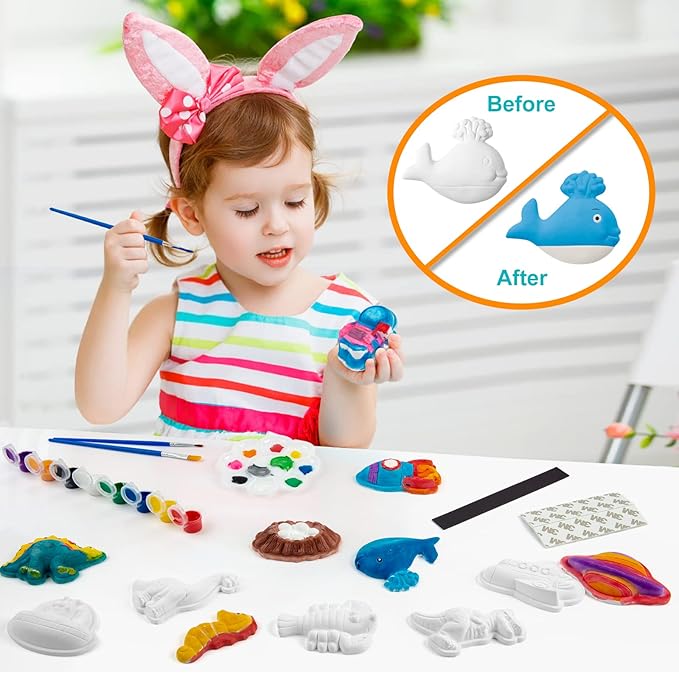 Juboury Kids Arts and Crafts Plaster Painting Craft Kit Art Set - Painting Your Own Space Dinosaurs & Marine Life Figurines - Ceramic Painting Kit for Kids, Girls, Boys, Toddlers