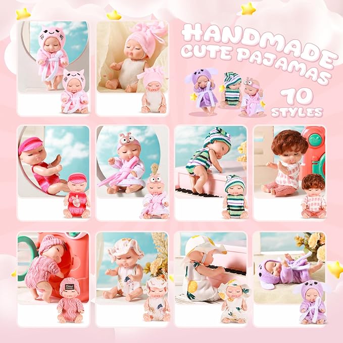 Hanaive 10 Pcs 4 Inch Mini Baby Dolls Lifelike Realistic Tiny Baby Dolls with Animal Clothes Cute Infant Figurine Gifts Set for Toddlers Girls Kids 3+ Easter Graduation Birthday(Cozy Style)