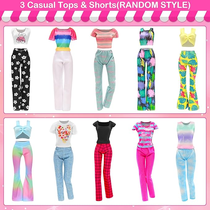 BARWA 37 Pcs Doll Clothes and Accessories for 11.5 Inch Girl Dolls Including 1Sequin Wedding Gown, 5 Tops 5 Pants, 4 Fashion Dresses, 2 Swimwear, 10 Hangers, 5 Pairs of Shoes, Bags, Glasses, Camera