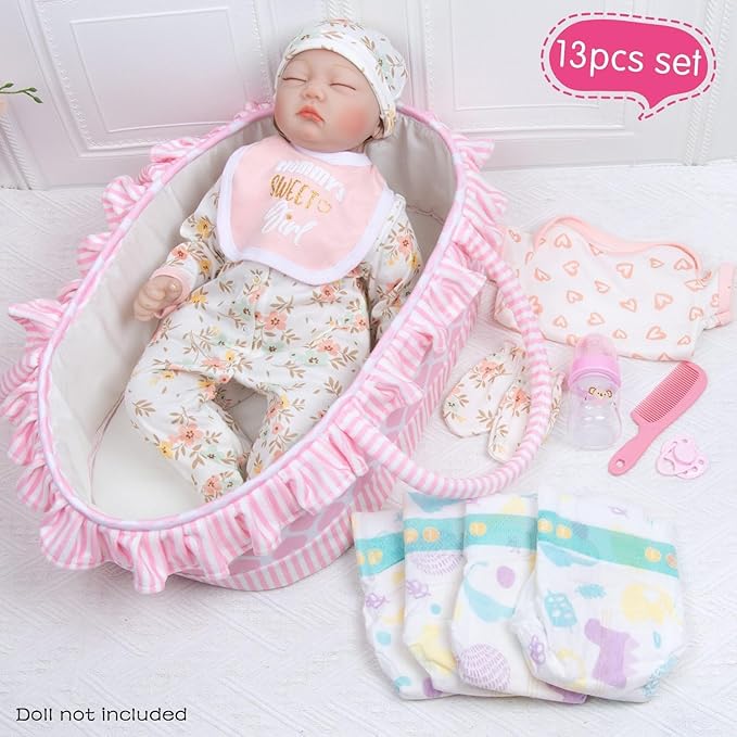 13 Pcs Reborn Baby Doll Clothes with Bassinet Pacifier Diaper fit 17-22 inch Reborn Dolls Cute Pink Baby Doll Clothes Accessories Set