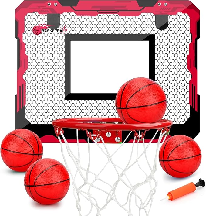 Indoor Mini Basketball Hoop Set Gift for Kids Adults, Upgrade Over Door Hoop with 4 Rubber 6" Balls, Wall Mount Hoop for Bedroom Yard, Christmas Stocking Stuffer Gift for Boys Teen