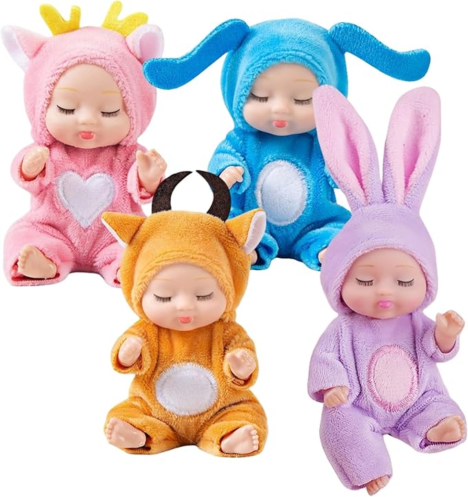 SwankyStyle 4 Pcs Adorable mini Baby Dolls with Cute Animal Outfits Perfect , Realistic mini Babies & Dolls for Endless Fun(Style B)