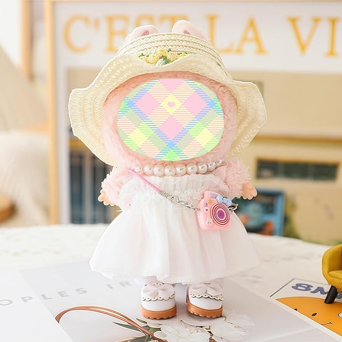 Clothes for Lububu Dolls(No Doll) Accessories, Outfit Set 5 Pieces Gauze Dress for 17cm Doll, Romantic Hat Skirt Shoes Doll Clothing Set Replacement White