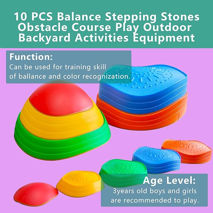 10 PCS Balance Stepping Stones for Kids, Obstacle Course Play Outdoor Backyard Activities Equipment Helps Build Children's Coordination and Confidence, Non-Slip Surface and Edging