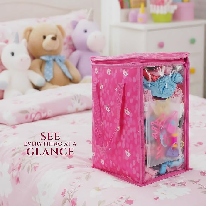 Primo Lines Doll Clothes & Accessories Storage Organizer – 3 Pink Stackable Bags with Adjustable Dividers, 100 Resealable Pouches for Doll Outfits, Shoes & Small Accessories, Waterproof & Travel-Ready