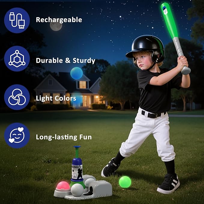 QDRAGON 2 in 1 T Ball Sets for Kids 3-5 5-8, Tee Ball Set with Automatic Pitching Machine/Adjustable Batting Bat & Stand/6 Balls, Baseball Toys Outdoor Sport for Toddlers Boys