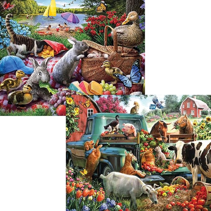 Bits and Pieces – 4-in-1 Multipack Jigsaws 500 Piece Puzzles for Adults - Puzzles Measures 18" x 24" – Picnic Surprise Pickup Tractor Summer Retreat 500 pc Multipack Jigsaws by Artist Larry Jones