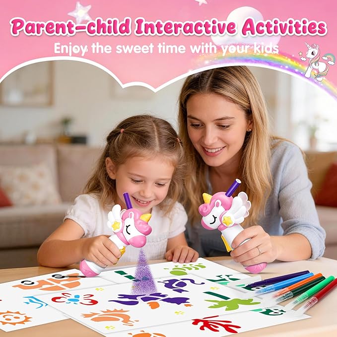 Unicorn Marker Airbrush Spray Art Kit, Art Supplies for Kids Ages 8-12, Unicorn Toys for Girls Age 4-6, Craft Kits Paint with 5 Washable Markers&8 Stencils, Birthday Holiday Easter for Kids, Girls