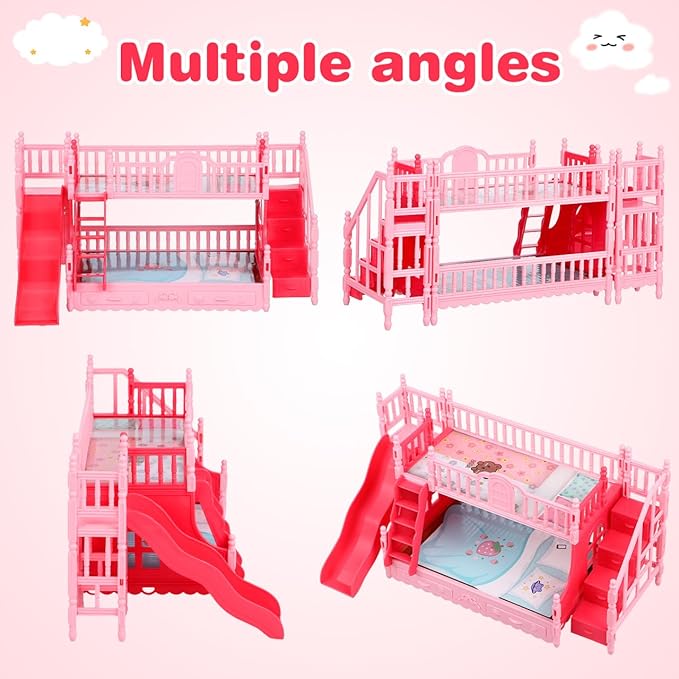 NOLITOY Miniature Bunk Bed with Slide for 6 Inch Dolls - Pink Double Deck Plastic Dollhouse Furniture Playset with Ladder & Bedding Accessories - Fits Small Dolls Figures