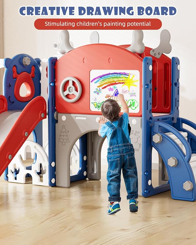 XJD Toddler Slide,12 in 1 Kids Slide for Toddlers 1-3, New Upgrade with Golf Set, Basketball Hoop, Drawing Board for Indoor Outdoor Playset,Toddler Playground (Red Blue)