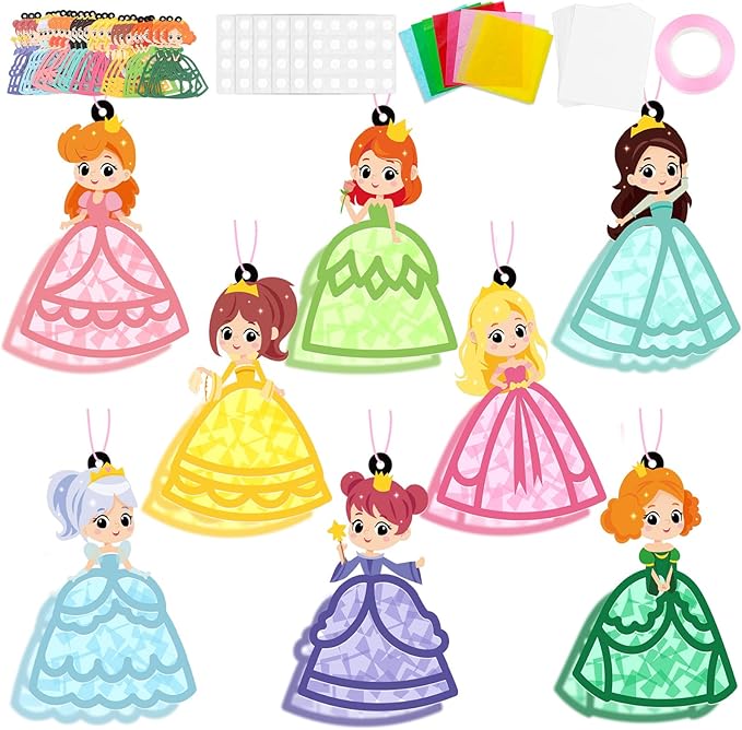 QOUBAI 32 Sets Princess Suncatchers Craft Kit DIY Window Stained Glass Effect Princess Paper Crafts Home School Classroom Decoration Kid Birthday Gift Creative Art Project Activity Game