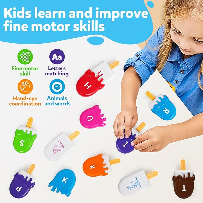 Letters Matching Ice Cream Alphabet Learning Toys,Counting Animals and Color Sorting Set Preschool Learning Activities Stacking Toys,Upper & Lowercase ABC Game Fine Motor Toys Gift for 3+Year Old Kids