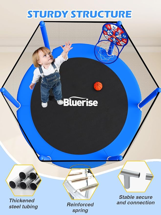 BLUERISE 55IN 6FT Toddler Trampoline for Kids Indoor Outdoor Play for Kids Trampoline Basketball Hoop Attachment with Enclosure Net Easy to Assemble