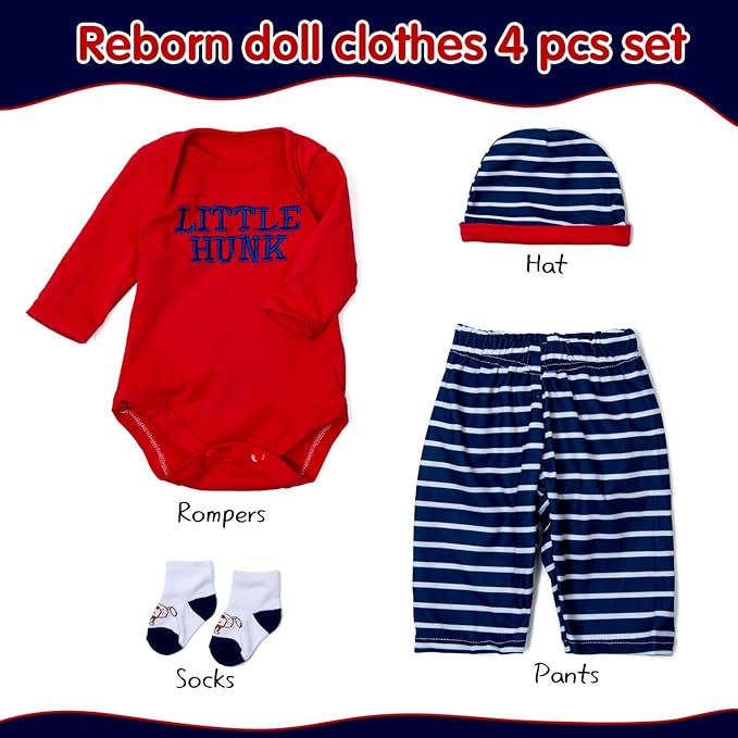 4 Pcs Reborn Baby Doll Clothes Set for 17-22 Inch Girl and Boy Newborn Dolls, Reborn Baby Outfit Accessories with Hat and Socks Cute Red Clothes Suit