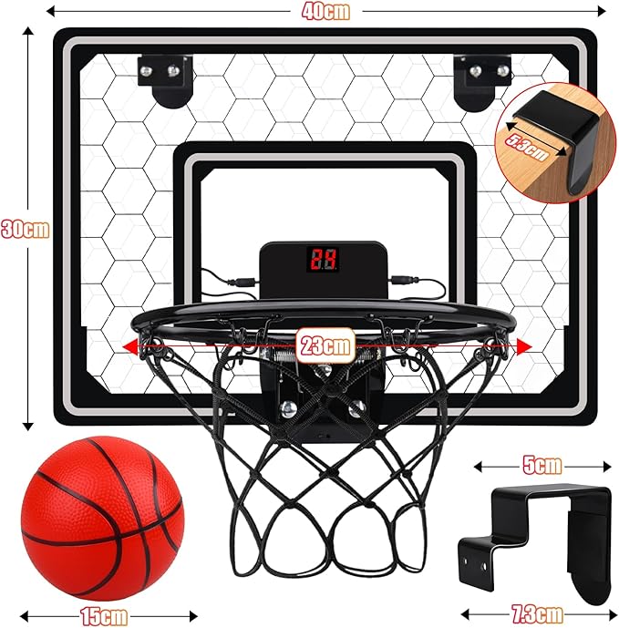 Basketball Hoop Indoor,Mini Hoop with LED Light/Scoreboard, Door Basketball Hoop Basketball Toys Gifts for 5 6 7 8 9 10 11 12 Year Old Boys Girls (Honeycomb Pattern)
