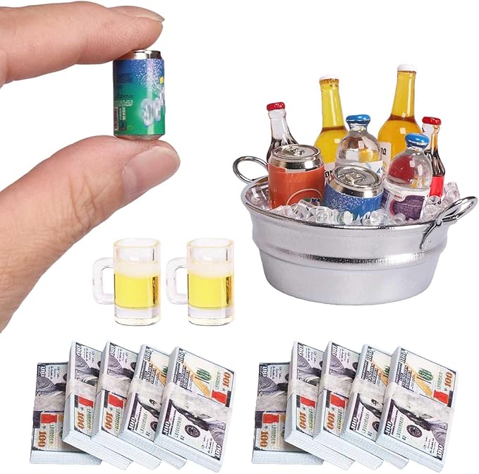 1 Set Doll House Items Mini Beer Soda Cans Water Bottle with Miniature LCE Bucket&LCE Miniature Money for Mini Christmas Elf Doll Props&Accessories,Craft Projects,Action Figure Accessories