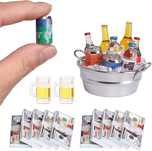1 Set Doll House Items Mini Beer Soda Cans Water Bottle with Miniature LCE Bucket&LCE Miniature Money for Mini Christmas Elf Doll Props&Accessories,Craft Projects,Action Figure Accessories