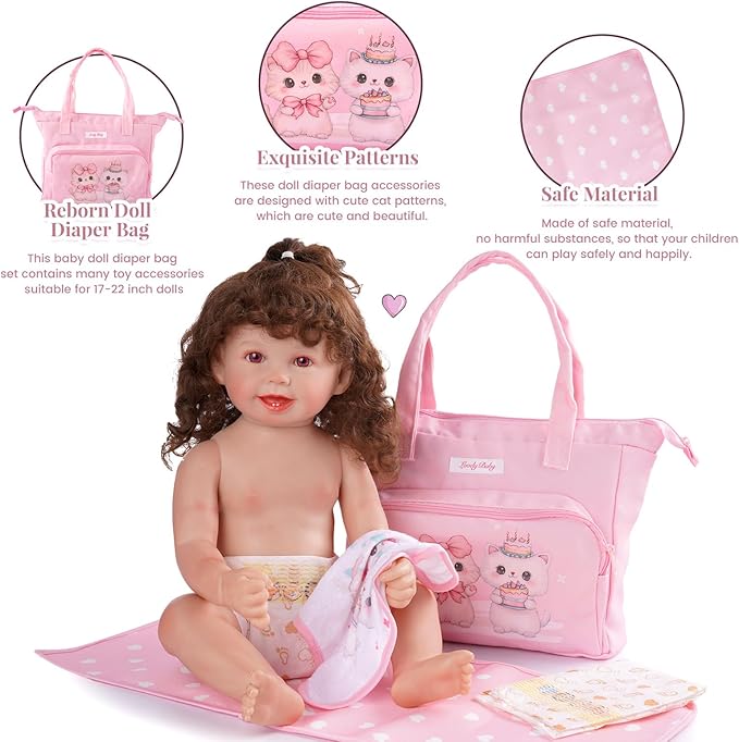 BABESIDE 5 Pcs Baby Doll Diaper Bag Set, Cute Cat Patterns Baby Doll Accessories with Pink Dolls Diaper Bag Changing Pad and Dolls Towel, Pretend Play Toys for Girls