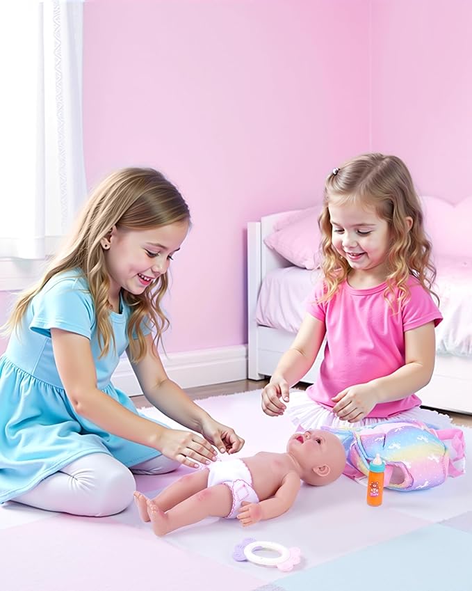 BABESIDE Baby Doll Accessories, Doll Carrier with Magic Bottle, Doll's Diaper, Rattle Toy – Baby Dolls Accessories Set for 12-15 Inch Dolls, Pretend Play Gift for Girls