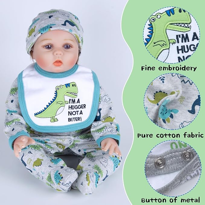 12 Pcs Reborn Baby Doll Clothes Accessories for 17-22 Inch Toddler Doll Boy Dinosaur Outfits with Backpack Diapers Reborn Baby Accessories Green Babydoll Clothes