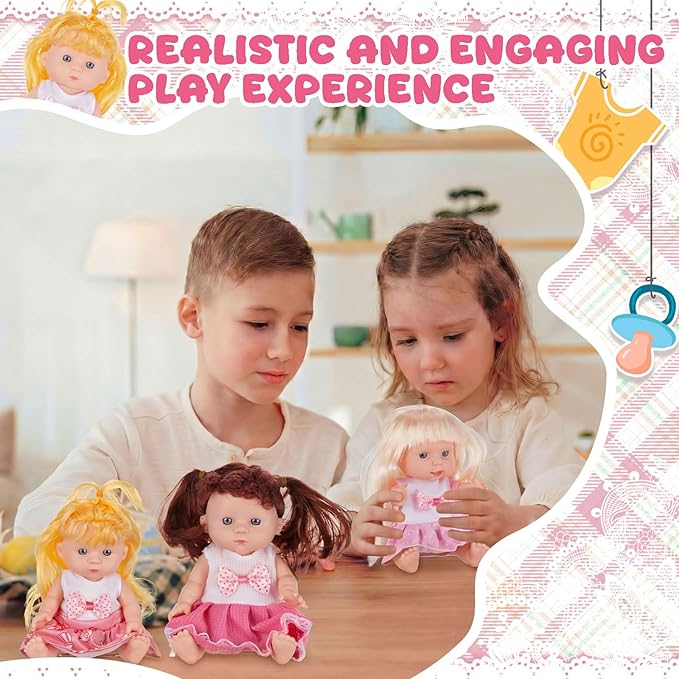 Halloscume 7 Inch Mini Baby Mini Reborn Doll Vinyl Full Body Lifelike Dolls Baby with Weighted Cloth Reborn Gift Set for Kids, Gifts for Christmas Kids(4 Pcs,Long Hair)