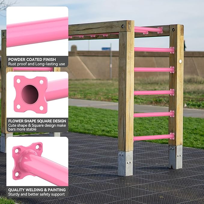 16.5 Inch Monkey Bars Kit Playground Ladder Rungs for Backyard Indoor Outdoor Kids Metal Bars Swing Set Playset Accessories (Pink, 12 Pcs)