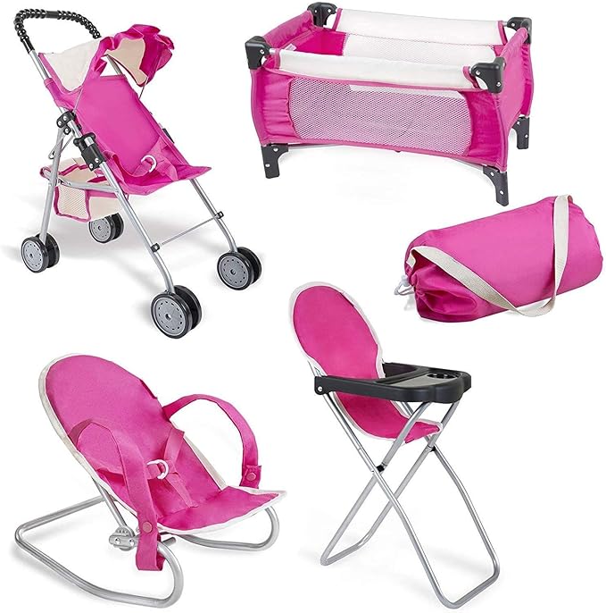 fash n kolor 4 Piece Pink Baby Doll Set, Includes - 1 Pack n Play with Carry Bag, 2 Doll Stroller, 3 Doll High Chair, 4 Infant Seat,
