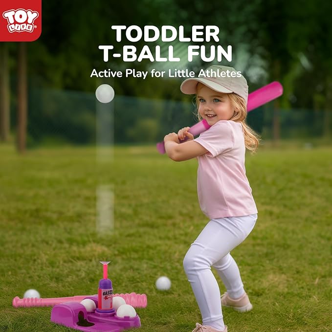 TOY Life T Ball Sets for Kids 3-5, Baseball Set for Toddler Girls, TBall Stand with Ball Launcher and 6 Teeballs, Indoor/Outdoor Sport Toys Gifts for Girls, Pink