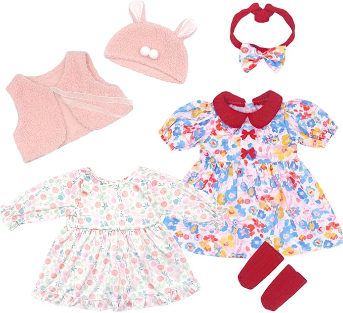 2 Set Reborn Doll Clothes for 20-22 inch Girl Dolls, 6PCS Baby Doll Clothes Accessories Outfits Include Dress Coat Headband Hat Socks