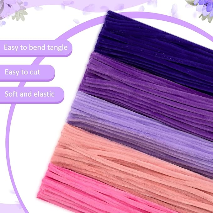 Peryiter 500 Pieces Pipe Cleaners Chenille Stems for Flowers Craft Supplies Bulk Fluffy Fuzzy Sticks for DIY Art Projects Creative Gift Wrapping Party Decorations (Dark Pink & Purple Flower,12 Inch)