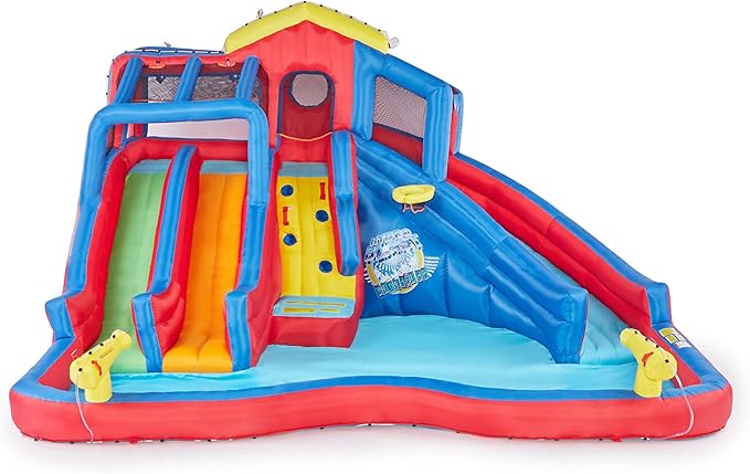Banzai Hydro Blast Inflatable Backyard Water Slide Park for Ages 5+, Blue/Red – Outdoor Bouncy Play with Wall Climbing, Basketball Hoop, Cannons, and Lagoon Pool